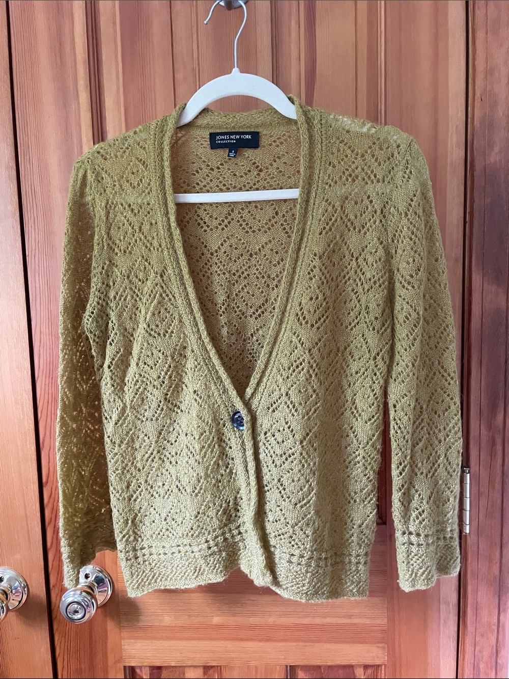 Jones New York Olive Lace‑Knit Single‑Button Cardigan